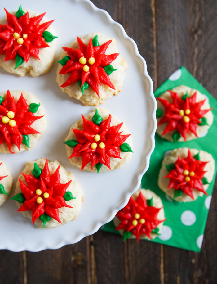 Sour Cream Pound Cake Poinsettia Cookies decorated with store-bought icing! 