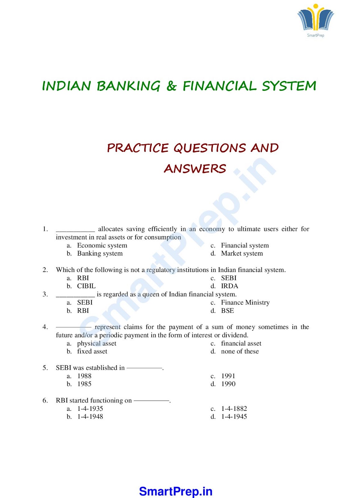 KNOWLEDGE FOR ALL MCQs INDIAN BANKING AND FINANCIAL SYSTEM FOR