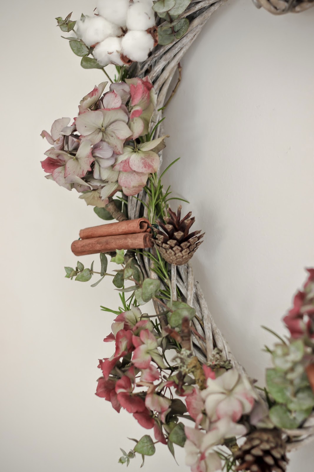 A dried Hydrangea, eucalyptus and rosemary wreath