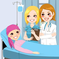 <Img src ="Caricatura de tres chicas.jpg" width = "362" height "520" border = "0" alt = "Foto de mujer que tapa el pelo perdido por tratamiento oncológico y médicas junto a la cama.">