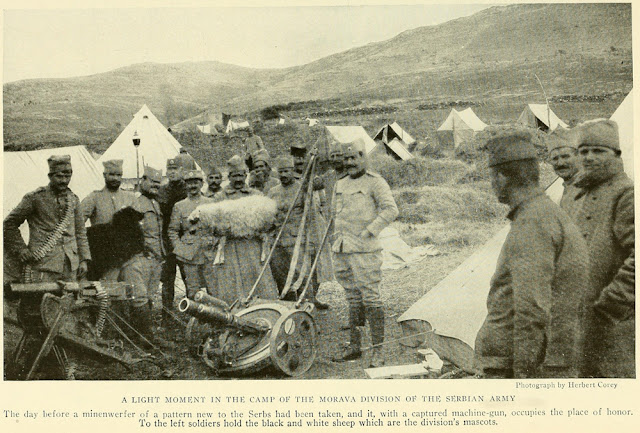 A Light moment in the camp of the Morava Division of the Serbian Army. The day before a minenwerfer of a pattern new to the Serbs had been taken, and it with a captured machine -gun, occupies the place of honor. To the left soldiers hold the black and white sheep which are the division's mascots.