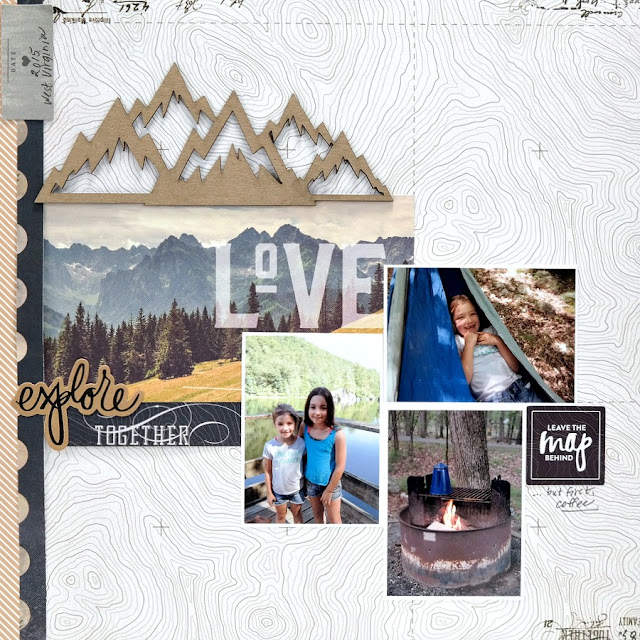 Explore Together Camping Scrapbook Layout with Chipboard Mountains