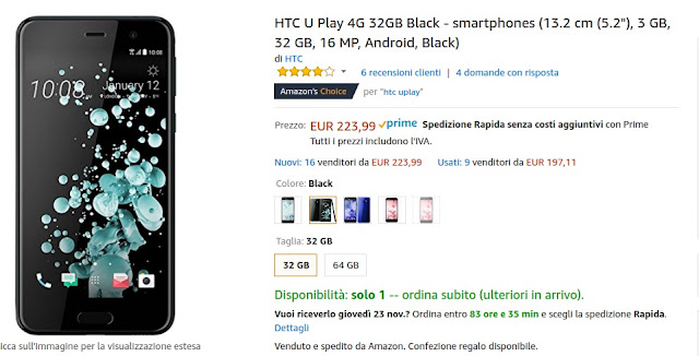 HTC U play in offerta a 223 euro su Amazon