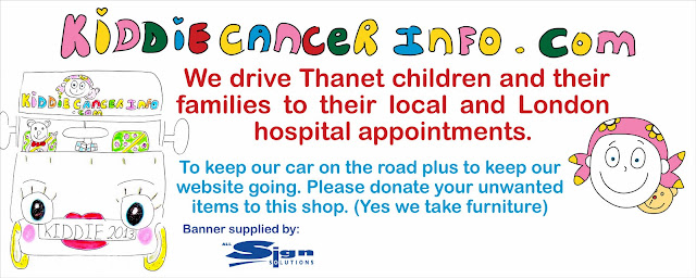 Artwork for KiddieCancerInfo.com with re-drawn logo, and hand drawn car. With wording: We drive Thanet children and their families to their local and London hospital appointments. To keep our  car on the road plus to keep our website going. Please donate your unwanted items to our shop at 20 Park road Ramsgate Kent  CT11 7QE