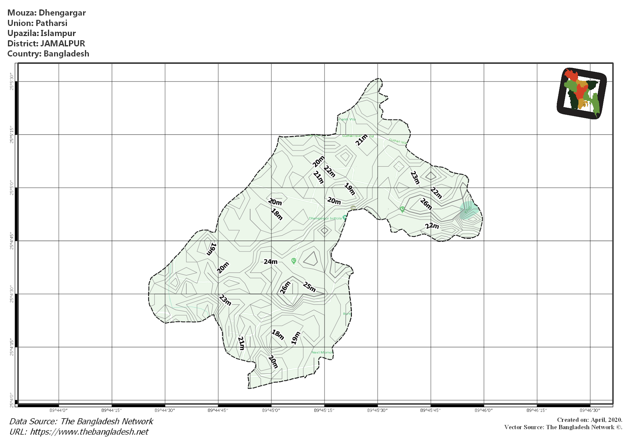 Map of Dhengargar Mouza of Islampur Upazila, JAMALPUR, Bangladesh.