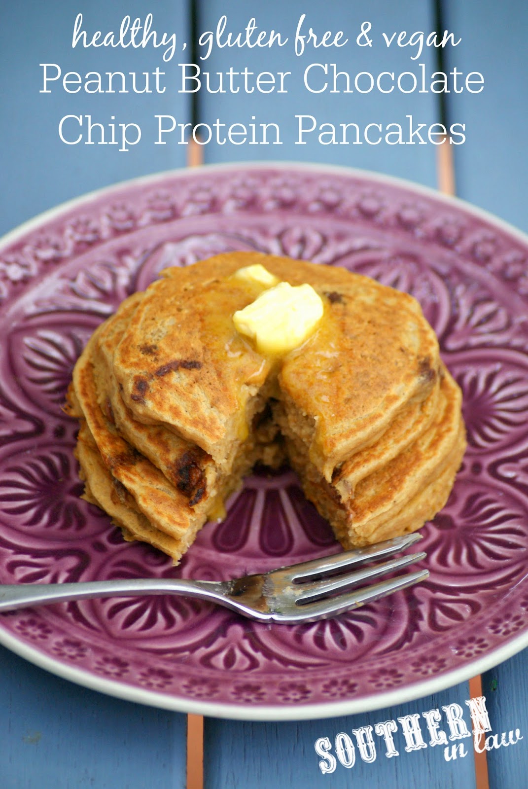 Gluten Free Peanut Butter Chocolate Chip Protein Pancake Recipe Without Protein Powder - gluten free, vegan, clean eating friendly, sugar free, gluten free, healthy, egg free, dairy free