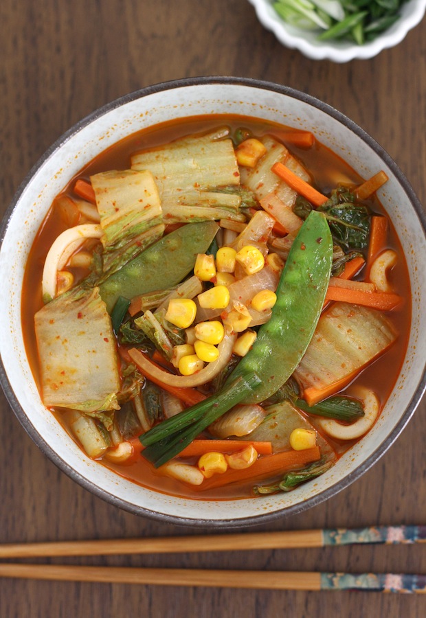 Korean-Chinese Spicy Veggie Noodle Soup (Vegetarian version of