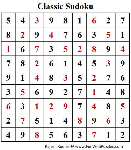 Classic Sudoku  (Fun With Sudoku #253) Puzzle Solution