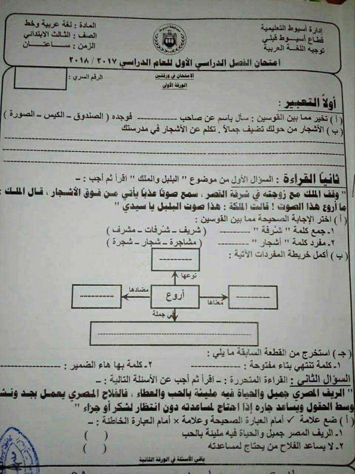تحميل امتحان لغة عربية للصف الثالث الابتدائي ترم أول 2019 ادارة اسيوط التعليمية تحميل امتحان لغة عربية للصف الثالث الابتدائي ترم أول 2019 ادارة اسيوط التعليمية