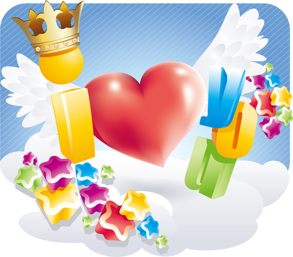 王冠や羽根で豪華に飾ったハート crown love hearts patterns イラスト素材1