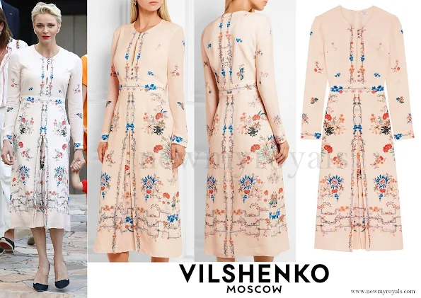 Princess Charlene wore a Jerry floral-print silk crepe de chine dress by Vilshenko. The VILSHENKO Jery floral print dress