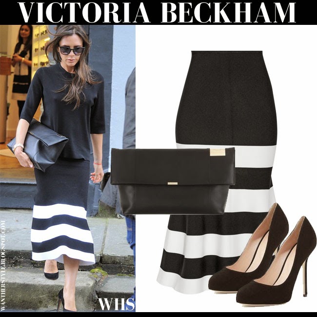 Victoria Beckham in black and white striped fluted midi skirt in London