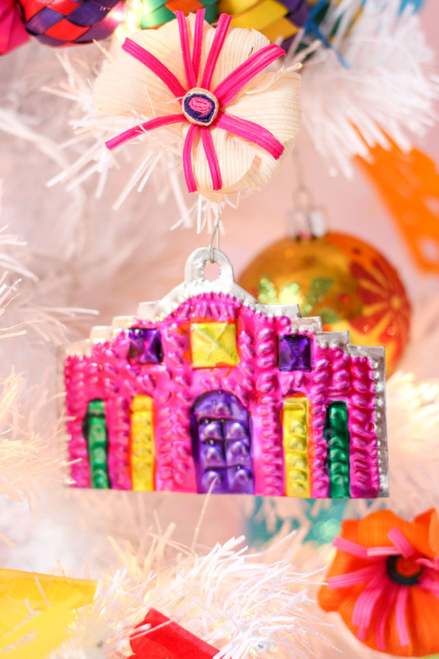 Mexican tin Alamo Christmas ornaments