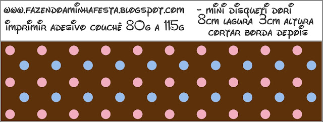 Etiquetas de Lunares Celeste y Rosa en Fondo Chocolate para imprimir gratis.