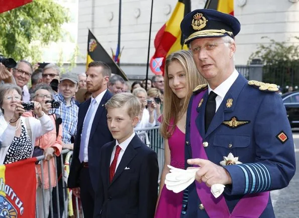 King Philippe, Queen Mathilde, Crown Princess Elisabeth,  Princess Eleonore, Prince Gabriel and Prince Emmanuel at Belgian National Day. Natan Dress, Valentino