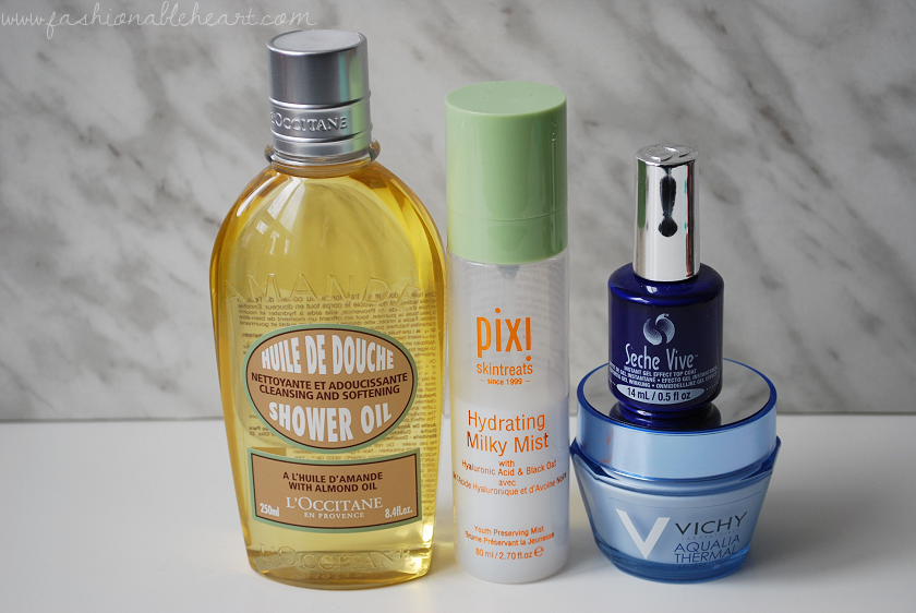 bbloggers, bbloggersca, canadian beauty bloggers, beauty blog, skincare, makeup, beauty, faves, favorites, 2017, l'occitane, loccitane, almond oil, shower oil, coty airspun powder, seche vive, gel, topcoat, barry m, highlight palette, pixi, hydrating milky mist, shiseido, synchro skin foundation, l'oreal, lash paradise, mascara, tarte, amazonian clay blush, paaarty, mufe, make up for ever, makeup forever, full cover, concealer, vichy, aqualia thermal, light cream, maybelline, instant age rewind, bite beauty, amuse bouche, liquified lipstick, eclair