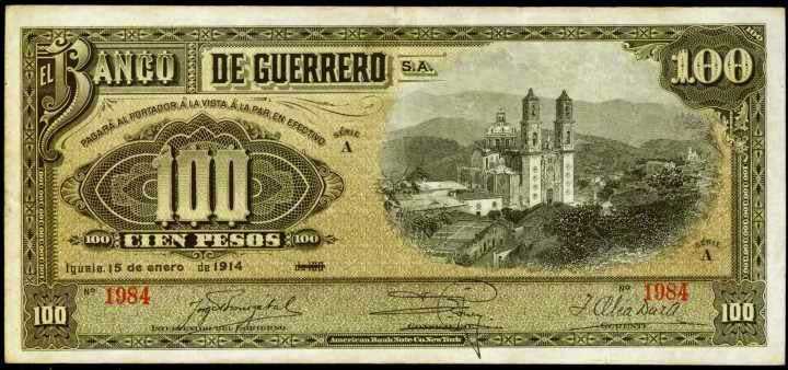 Mexico Banknotes 100 Pesos note Banco de Guerrero, Cathedral of Taxco, Santa Prisca Church