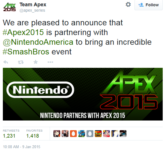 Nintendo sponsors APEX 2015, Super Smash Bros. tournament