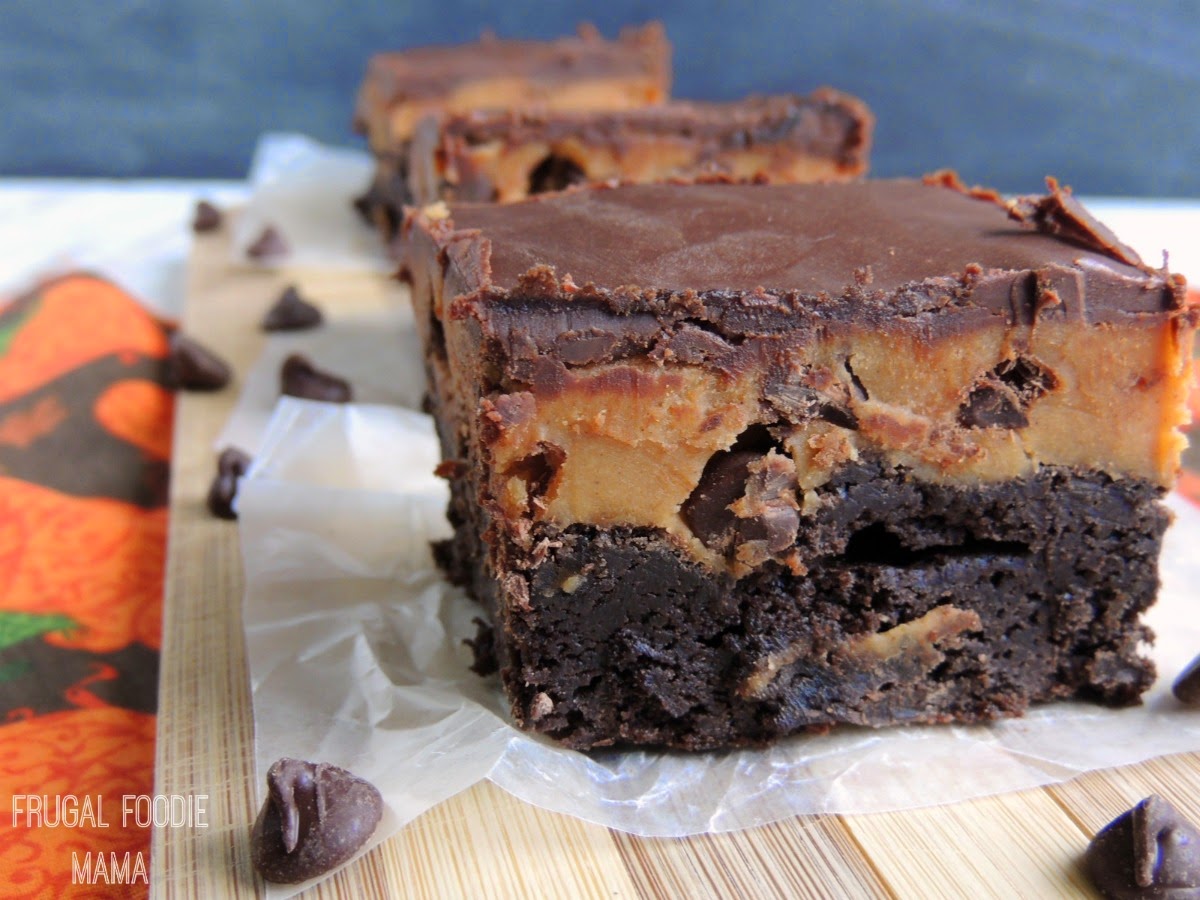 Pumpkin Chocolate Chip Cookie Dough Layered Brownies- thick, fudgy brownies covered in a pumpkin chocolate chip cookie dough, & then topped with a simple chocolate ganache