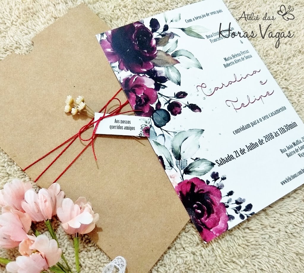 Ateliê das Horas Vagas - Aline Barbosa: Convite de Casamento Rustico Floral  Marsala envelope Kraft