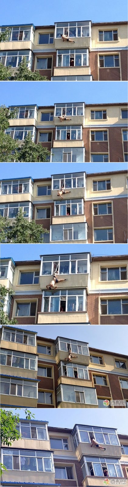 Lustiger Mann in Unterhose fällt aus dem Fenster - witzige Missgeschicke Lustiger Mann in Unterhose fällt aus dem Fenster - witzige Missgeschicke