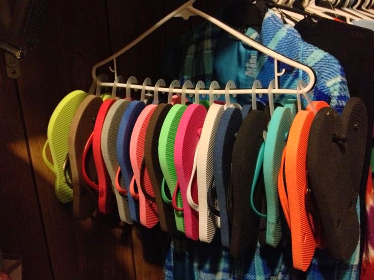 Organize flip flops with hanger and clips :: OrganizingMadeFun.com