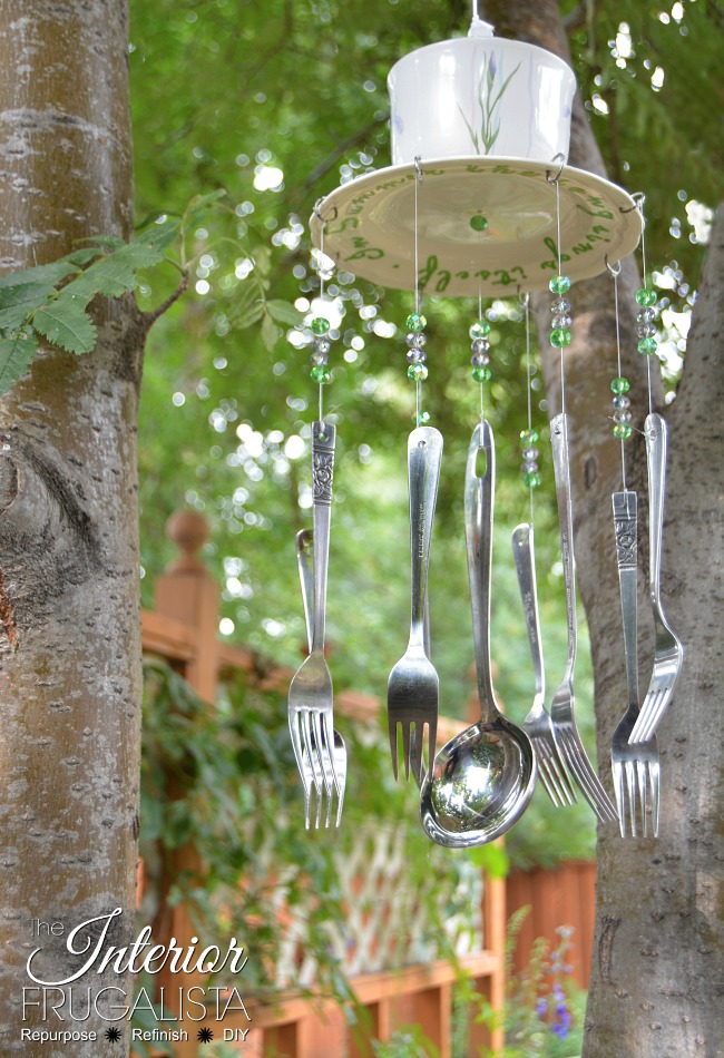 How to make budget-friendly DIY whimsical wind chimes with recycled thrift store flatware and a sugar bowl. A relaxing wind chime garden decor idea.