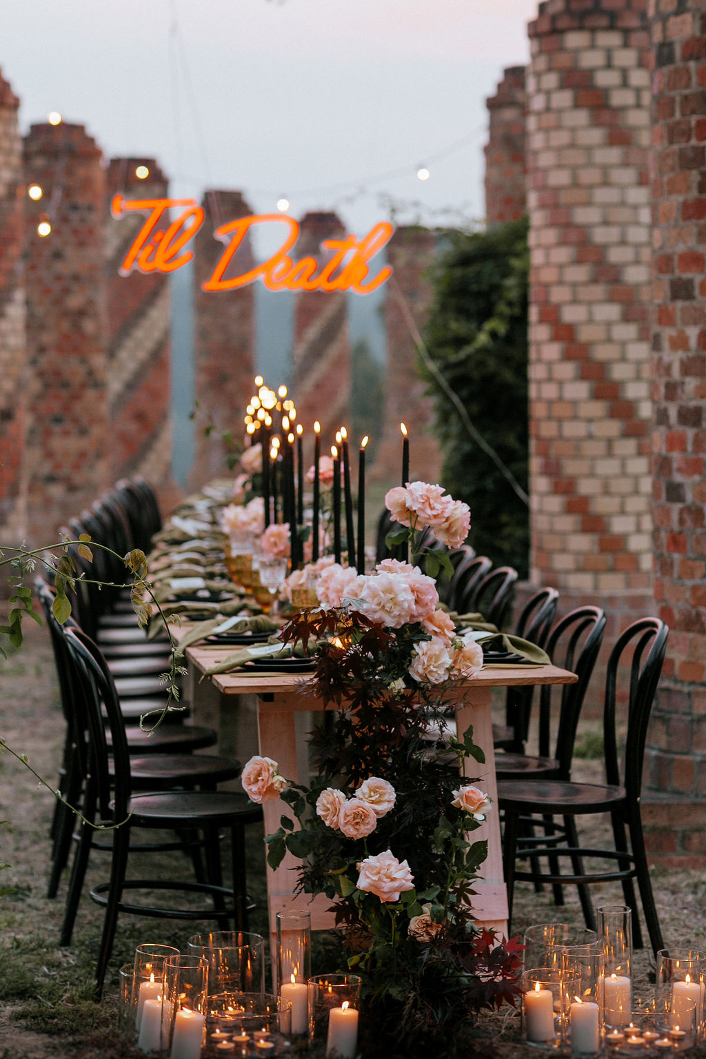 leiafae weddings photography neon sign styling glamping signage floral designer flowers bridal gowns hairstyles makeup