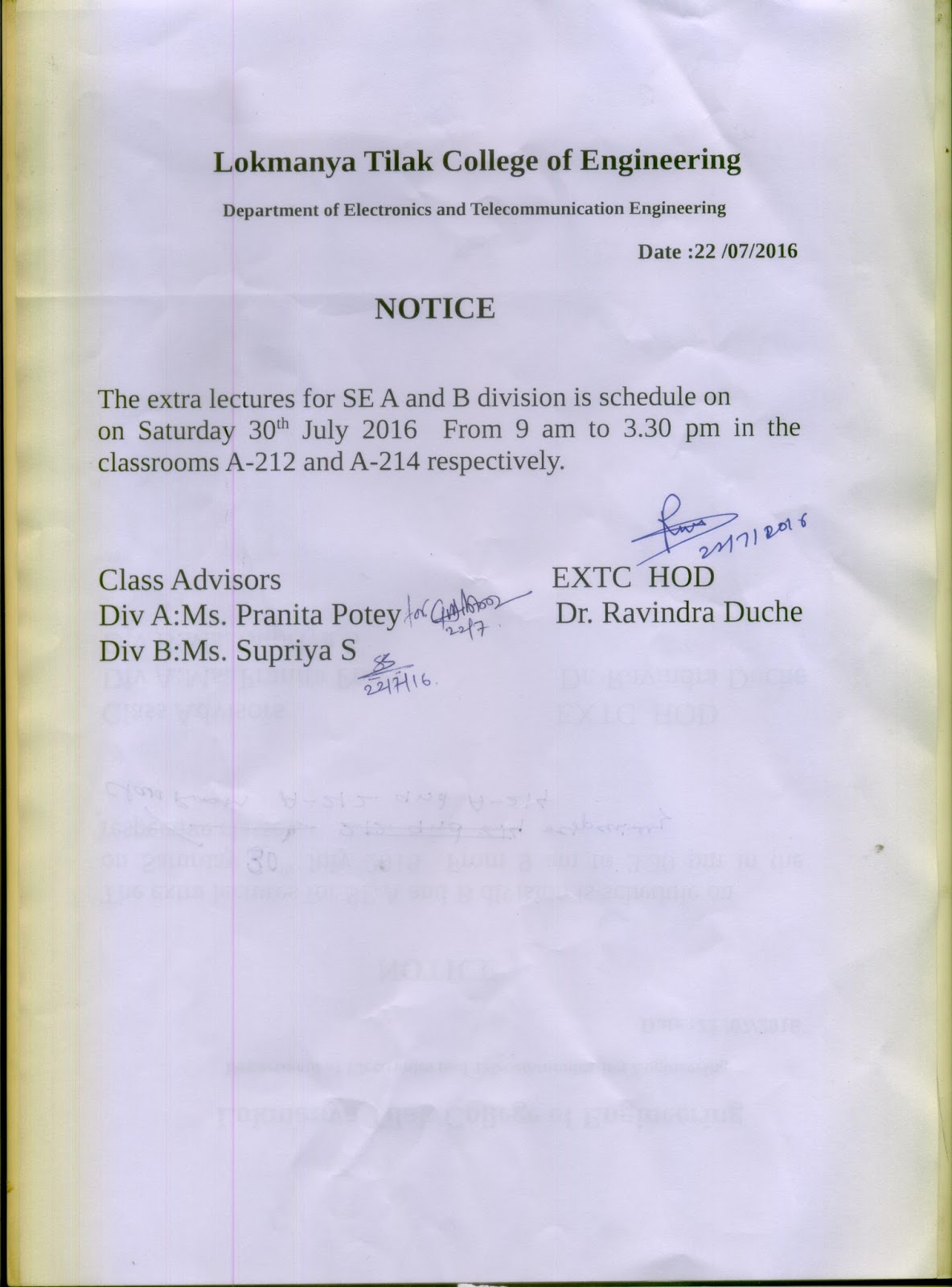 EXTC Department Notice For Second Year Extra Lecture On 30 July 2016 EXTC Department Notice For Second Year Extra Lecture On 30 July 2016