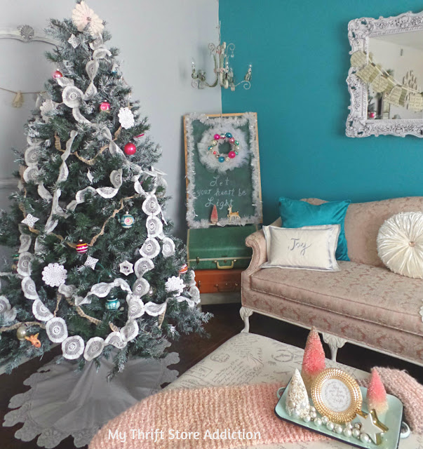 Nontraditional aqua and blush Christmas decor