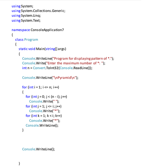 C Sharp Programs: Pyramid on Console Window Using C Sharp