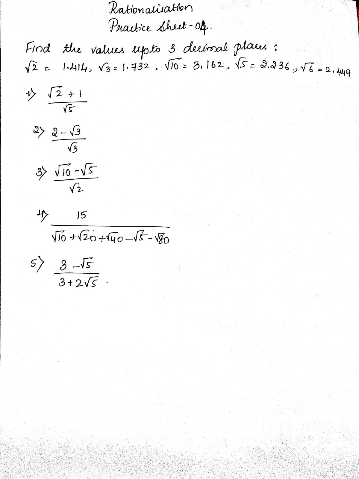 Cbse/ ICSE / class 9/ rationalisation/ practice sheets Cbse/ ICSE / class 9/ rationalisation/ practice sheets