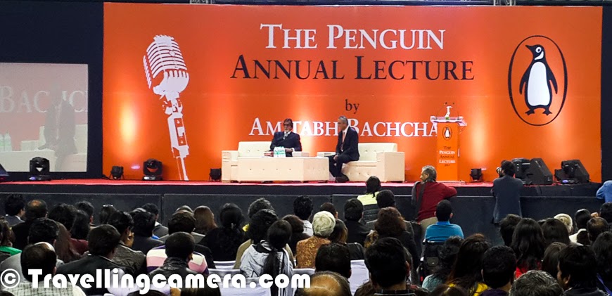 Penguin organizes annual lecture every year and some guest shares his thoughts. Last year, it was Dr A P J Abdul Kalam at India Habitat Center, New Delhi and this time Mr Amitabh Bachhan joined the stage at Thyagraj Satdium in Delhi. This Photo Journey shares some of the Mobile clicks from the evening with some details about the thoughts shared by Mr Amitabh Bachhan and how it was different from last year's evening when Dr Abdul Kalam shared his vision about the country in 2020.We reached the venue at 7:15pm and the lecture was supposed to start at 8:00pm. The most impressive part of the evening was timely execution. The event started sharp at 8pm and Mr Amitabha Bachhan joined the stage. Indian cinematic icon Amitabh Bachchan Penguin was there at Annual Lecture 2013 podium and audience of almost a thousand was eagerly waiting for him. He spoke about empowering the country`s women, Indian cinema, poetry and more. But I found that the overall speech was going here and there.. And if I compare this talk with last year's lecture by Dr Abdul Kalam. Last year's talk was very energetic and sounded more authentic.The 71 years old, looking handsome in a black formal suit, Mr Amitabh Bachhan reached the Thyagaraj Stadium and the sound of the audience`s applause took over the netball court at the facility and Big B, as humble as he is, responded by flashing a smile and folding his hands to gesture a ‘Namaste’. During the speech he touched upon his memories of his father, the late legendary poet Harivansh Rai Bachchan, whose birth anniversary happened to be just two days ago on Nov 27.Past lectures were delivered by eminent personalities like writer-journalist Thomas Friedman, diplomat-writer Chris Patten, economist Amartya Sen, historian Ramachandra Guha, the Dalai Lama and former Indian president A.P.J. Abdul Kalam.Mr Amitabha Bachhan ended his lecture by reciting lines of his father's poem 'Khoon ki chhaap' (Imprints of blood). An applause followed again. After the lecture, Rajdeep Sardesai joined Mr Bachchan at the stage. I took the whole show in completely different direction and the event completely changed into another bollywood or publicity show. On top of that bollywood type questions are asked by audience except the few which were around the topic Mr Bachhan chose for the annual lecture. If I recall my memories from Dr Kalam's talk, it was seriously a very sensible dialogue between audience and the chief guest.Big B also sat down with TV host Rajdeep Sardesai and spoke about a range of things. Mr Bachhan also patiently answered some questions from the audience, for whom the icing on the cake was his recital of his father's most widely known work, 'Madhushala'. 