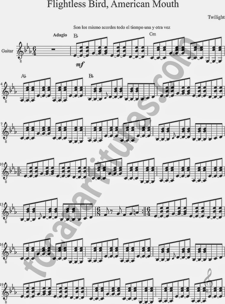 Flightless Bird, American Mouth sheet music for guitar (chords)