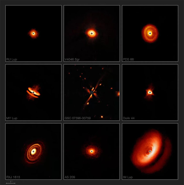 Uma coleção de discos de poeira ao redor de estrelas próximas registrado pelo instrumento SPHERE, do Very Large Telescoe - H. Avenhaus et al. - E. Sissa et al. - ESO - DARTT-S and SHINE collaborations