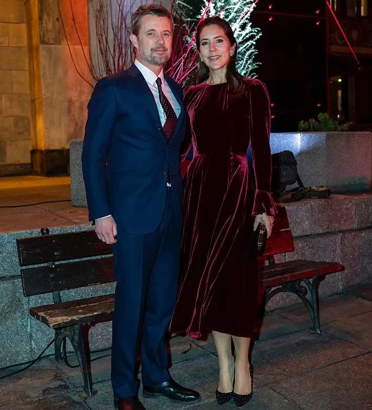 Crown Princess Mary wore a cherry wine colour tailored velvet midi dress by Beulah London and Pura Lopez Kameron pumps
