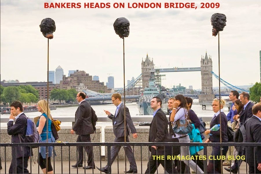 Severed heads of British bankers - protest on London Bridge, 2009