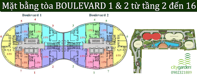 Mặt bằng tòa Boulevard 1 & 2 từ tầng 2 đến tầng 16