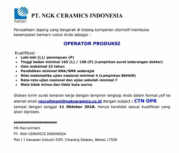 Pt Ngk Ceramics Indonesia Via Email Posisi Operator Produksi Random Email Loker