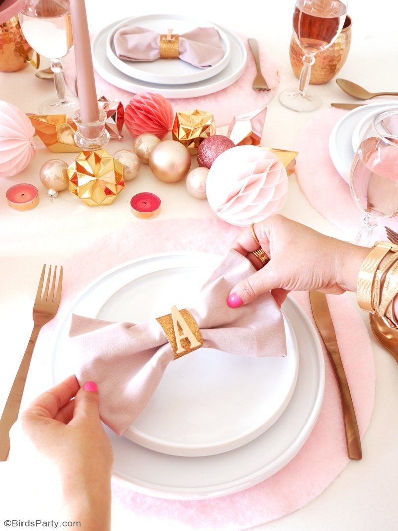 DIY Pink Bow Napkins & Copper Monogram Napkin Rings - learn to craft these quick and easy napkins for your holiday party tables! by BirdsParty.com @birdsparty #diy #christmasdiy #pinkchristmas monogramnapkins #diynapkinrings #copperdiy #pinkcopperparty