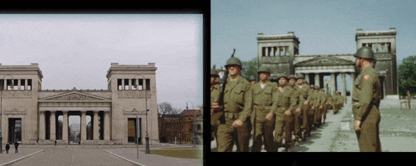 American 45th Infantry Division marching through Königsplatz on May 17, 1945.