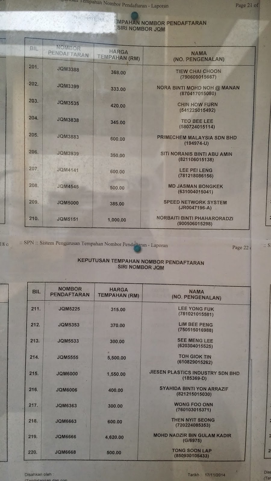 JPJ NO PLATE TENDER RESULT JOHOR JQM TENDER RESULT JPJ JOHOR