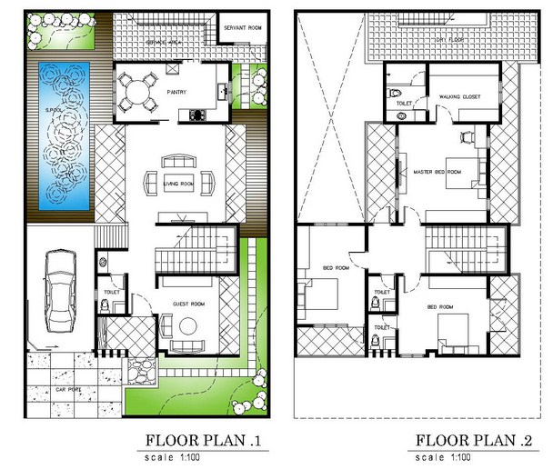 Contoh denah rumah mewah 2 lantai dengan kolam renang