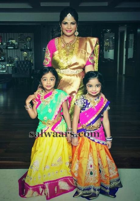 Manchu Vishnu Daughters in Half Sarees - Indian Dresses