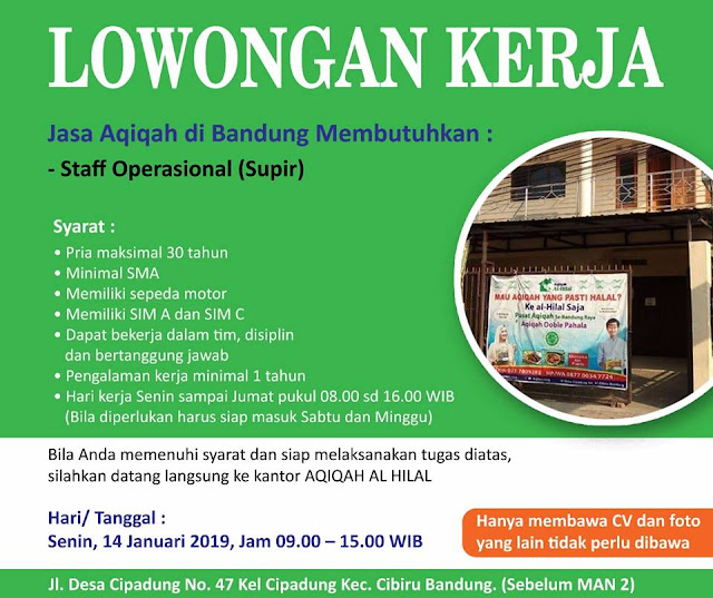 Lowongan Kerja Sopir di Aqiqah Al Hilal Bandung Januari 2019 