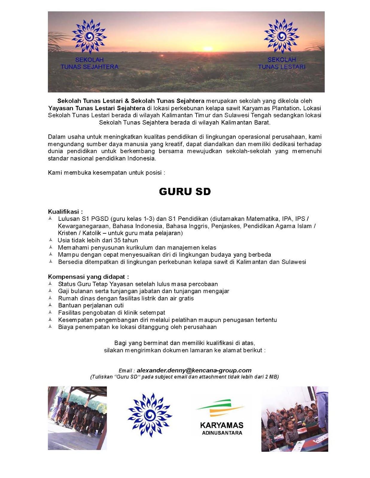 Lowongan Kerja Guru SD di Sekolah Tunas Lestari & Sekolah Tunas