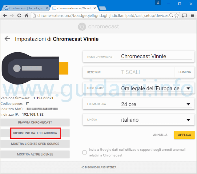 Resettare Chromecast da impostazioni estensione Chrome