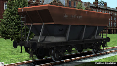 Fastline Simulation: Railfreight flame red and grey liveried HEA coal hopper recoded as an RNA barrier wagon.