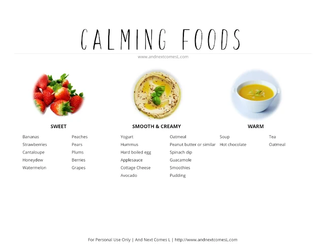 Free printable list of calming sensory snacks for kids from And Next Comes L
