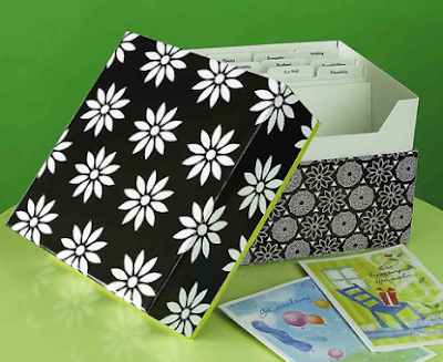 greetinb card organizer box in black and white, with flowers